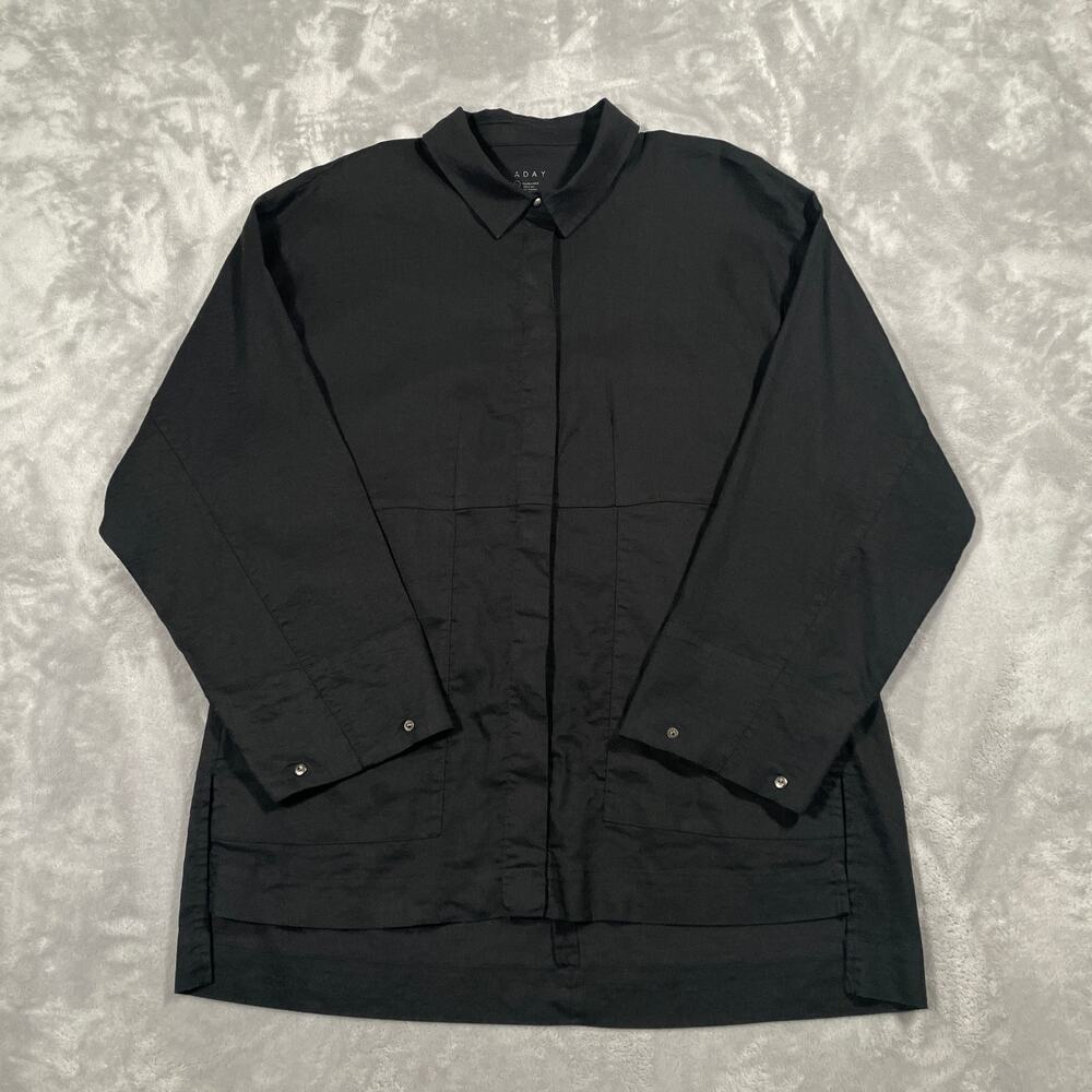 Aday Shirt Womens Large Black Linen Blend Stretch Minimal Capsule Chic Travel